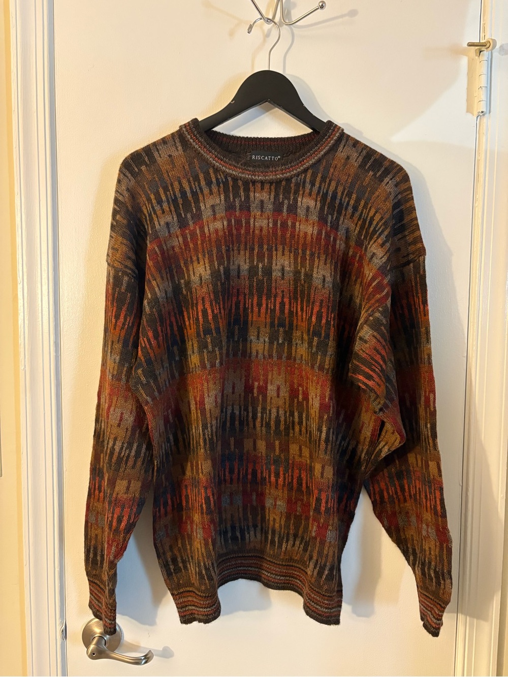 Riscatto Multicolor Patterned 100% Alpaca Crewneck Sweater - Brown/Red